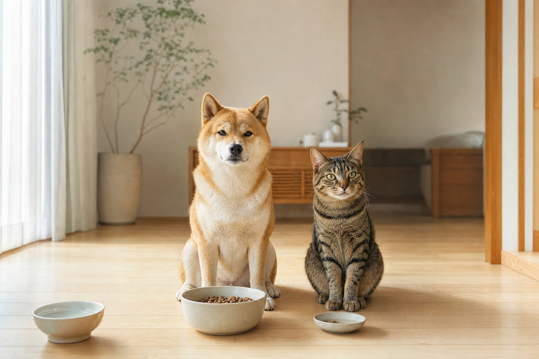 明るいリビングの床で、柴犬と猫がそれぞれ自分の器の前に並んで座っている様子